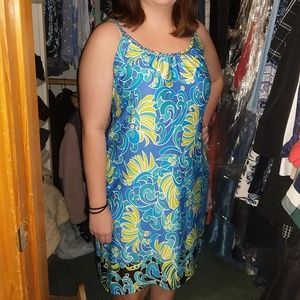 MSK floral blue green day dress with gold chain